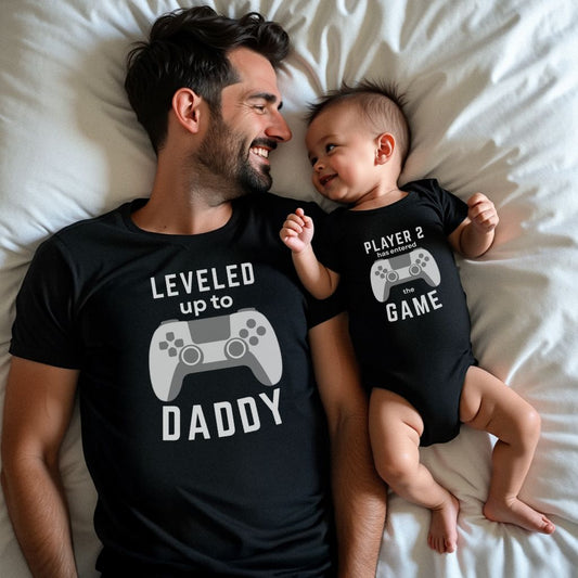 Leveled Up Dad and Baby Matching Shirts