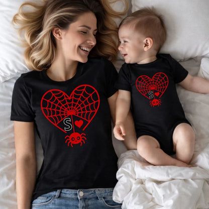 Personalized First Initial - Heart Spider Web Matching Family Shirts - RD