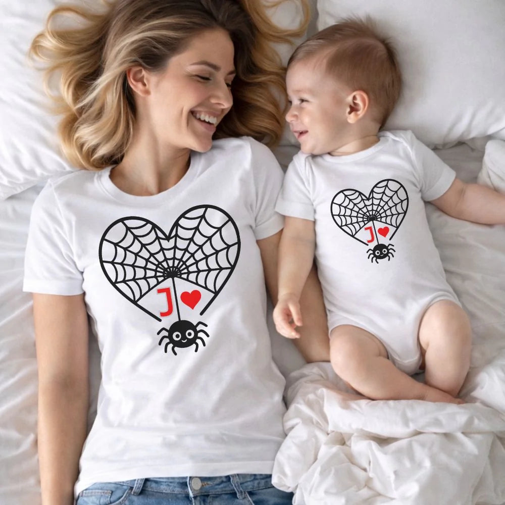 Personalized First Initial - Heart Spider Web Matching Family Shirts