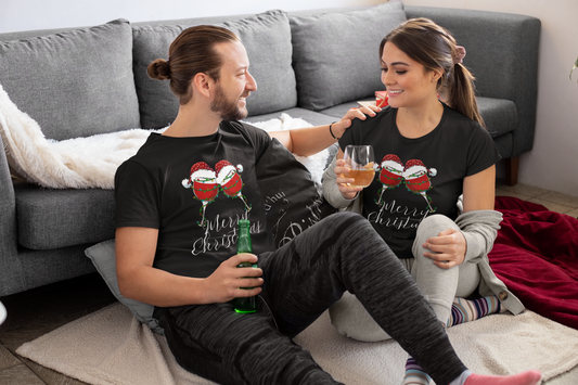 Merry Christmas Wine Glasses Matching Couples Shirts